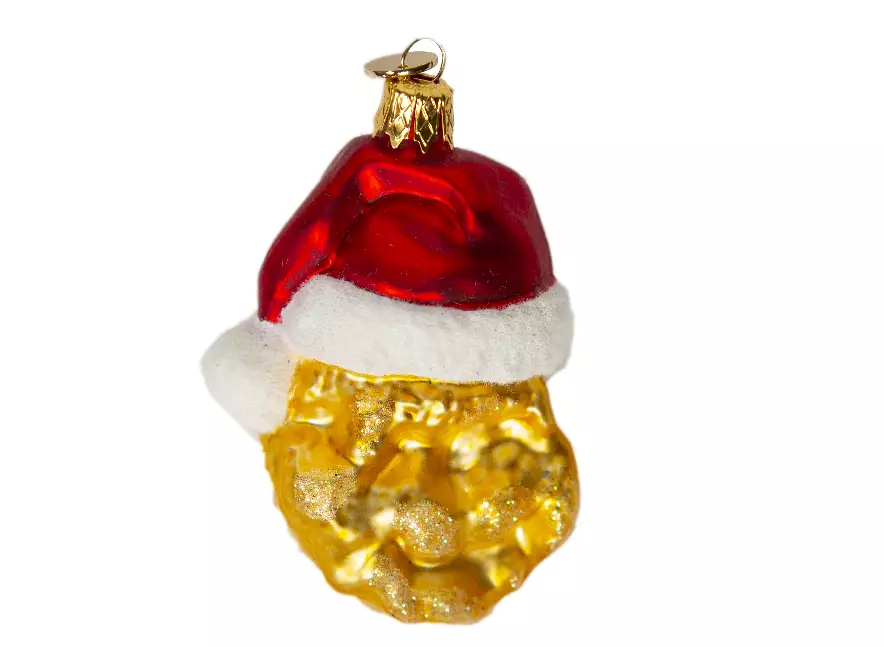The chicken nugget bauble is made from mouth-blown glass. (