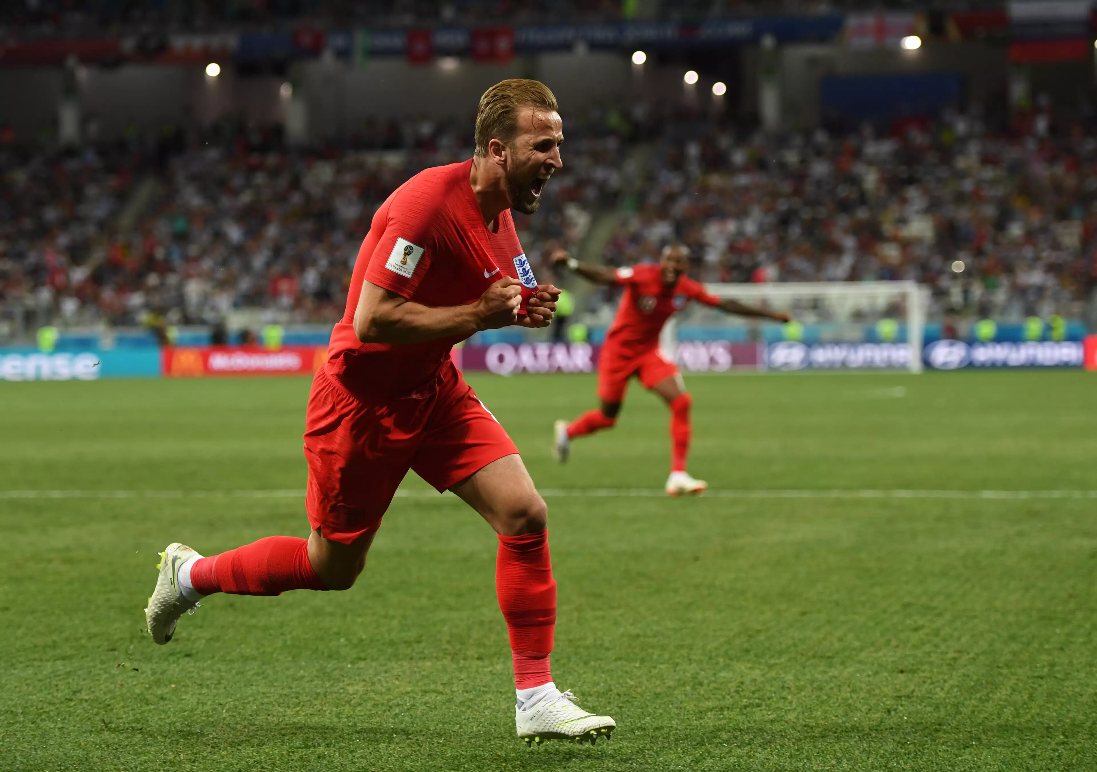 Harry Kane celebrates late winner against Tunisia