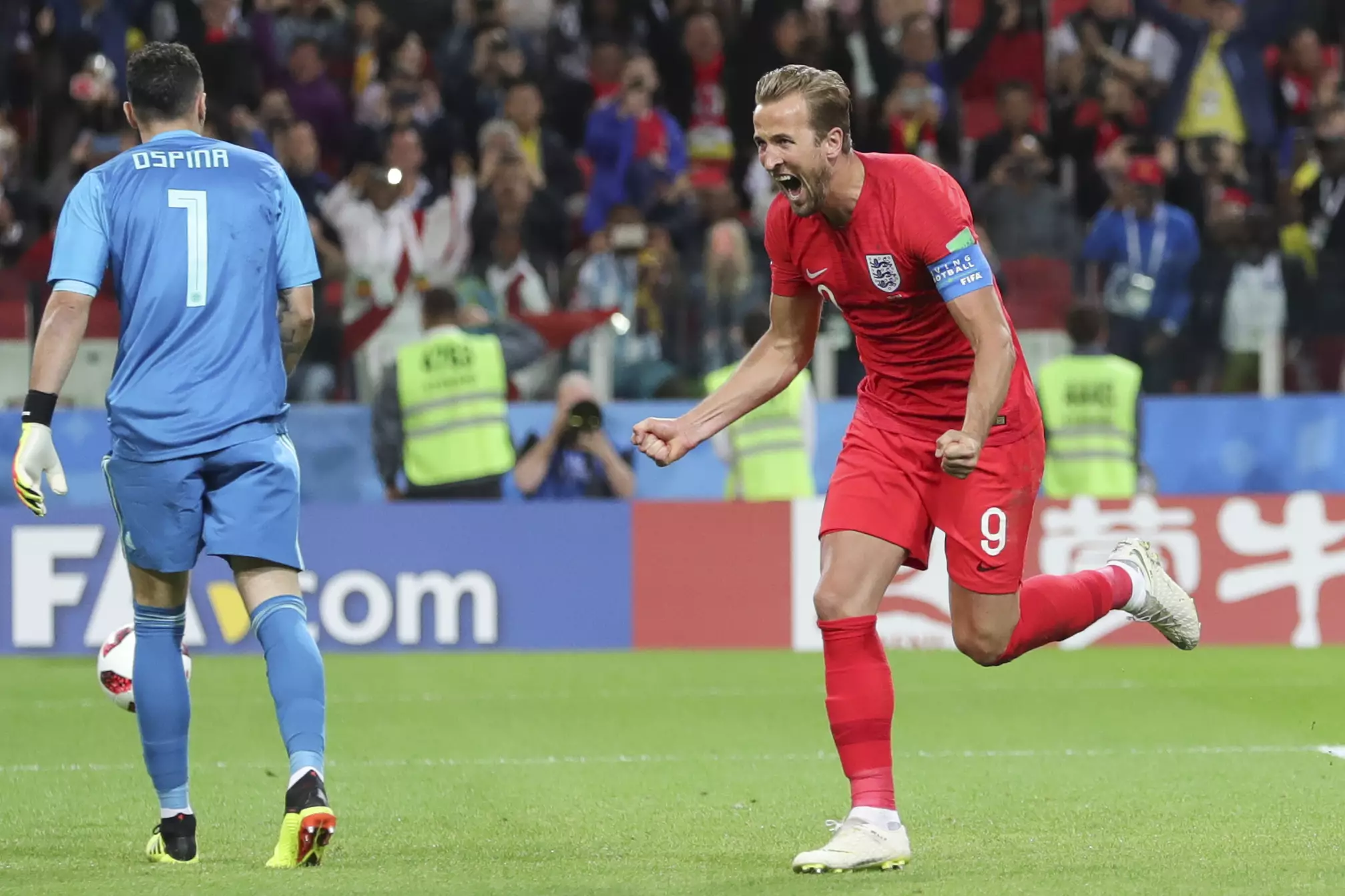 Captain Kane celebrates scoring a goal. Image: PA