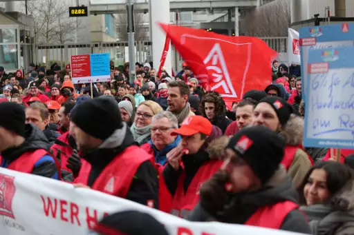 Workers striking outside the BMW factory in Munich.