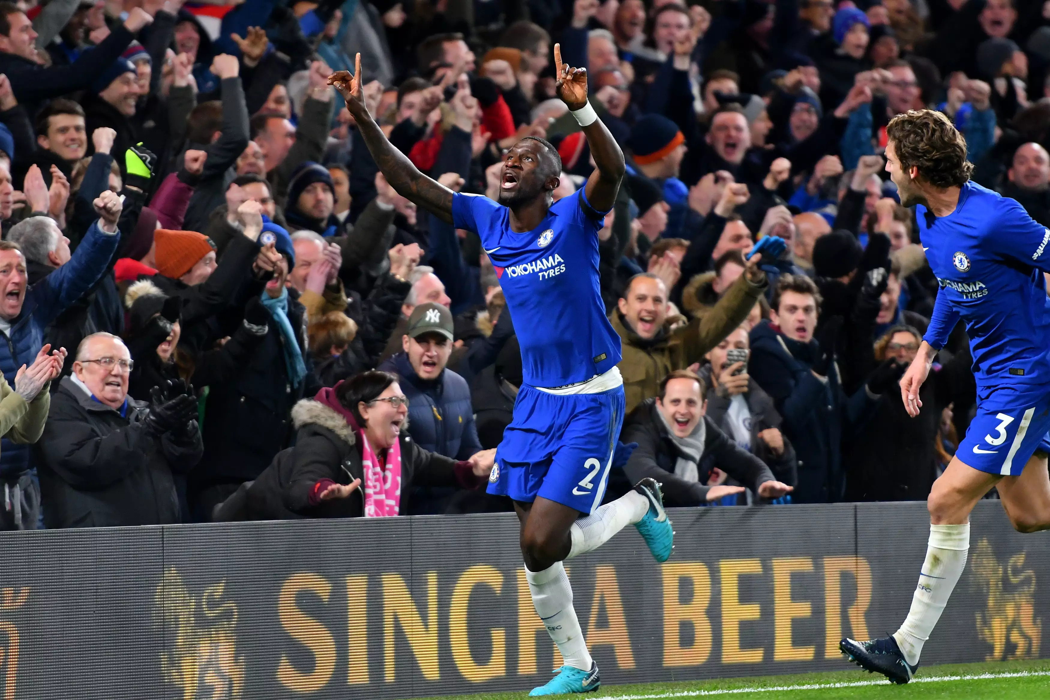 Rudiger celebrates scoring a goal for Chelsea. Image: PA