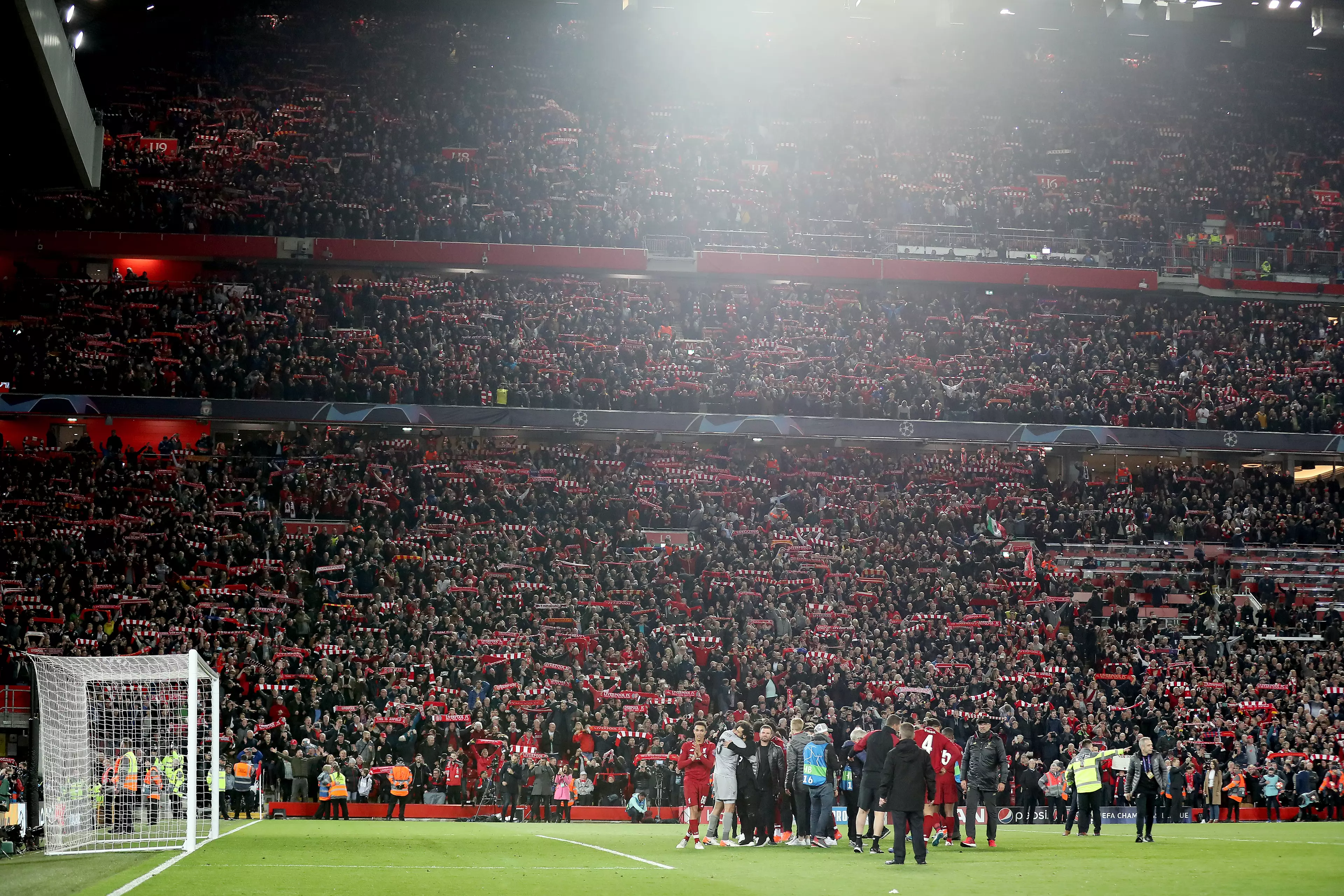 Liverpool fans and players celebrate the win over Barcelona. Image: PA Images