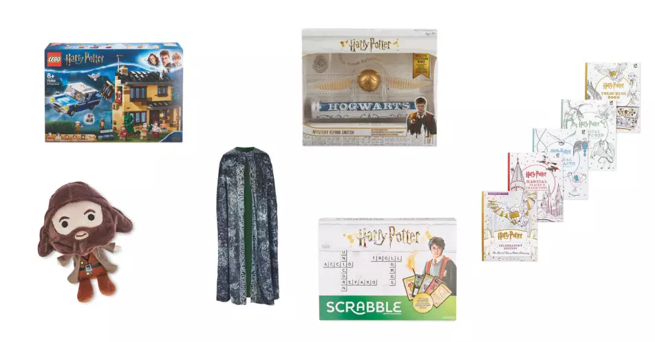 Lego, £48.99, Plush Toy, £5.99, Invisibility Cloak, £27.99, Flying Snitch, £11.99, Scrabble, £14.99, Colouring Books, £24.95