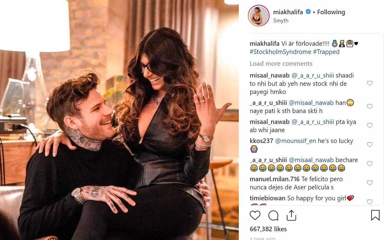 Mia Khalifa announced her engagement on Instagram.