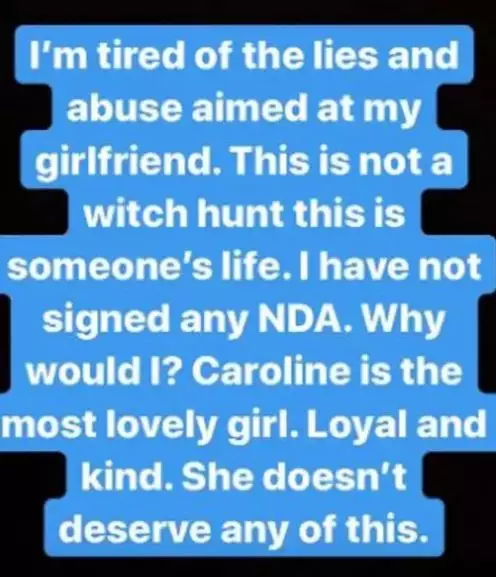 Lewis posted about his support for Caroline following her arrest (