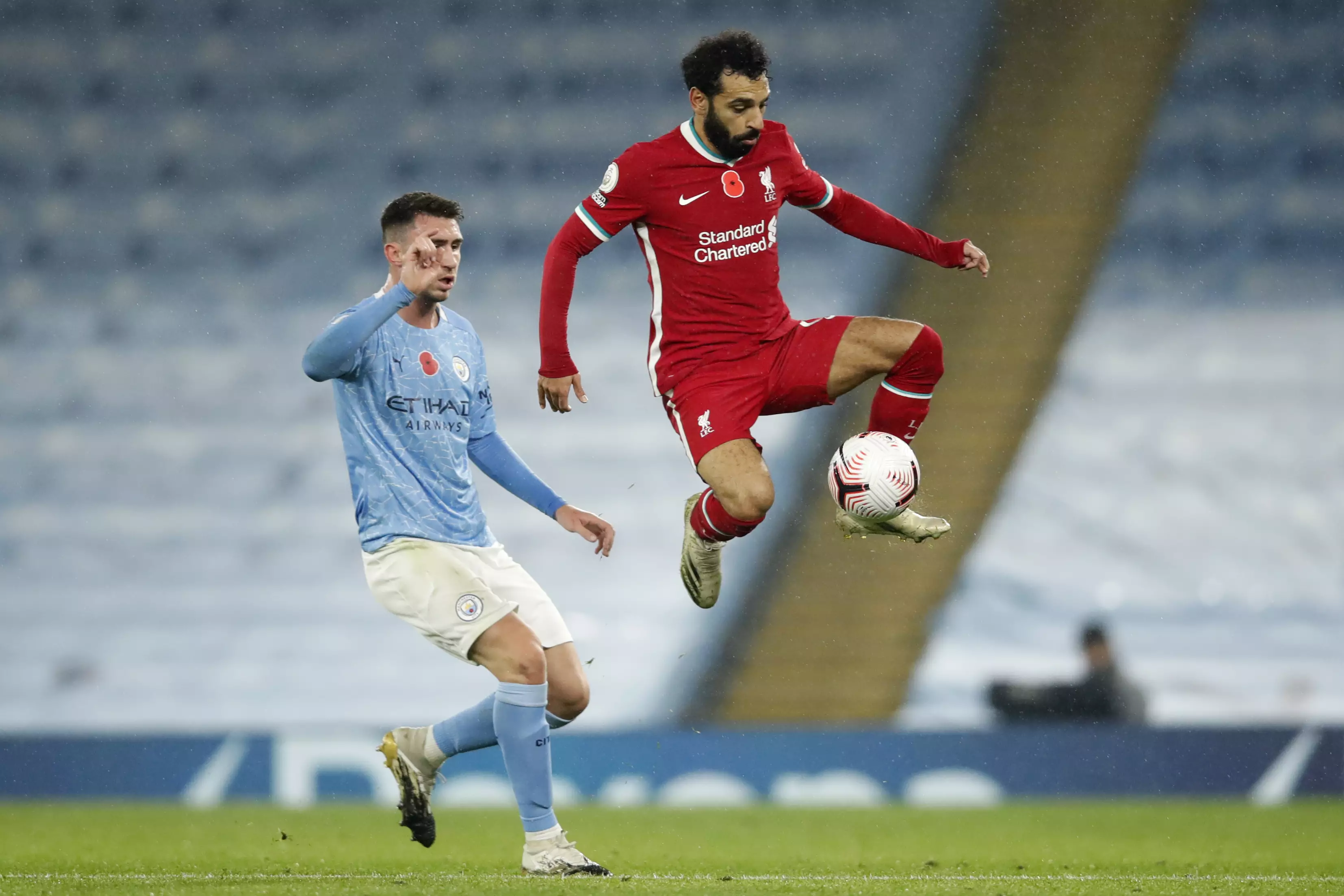 Laporte defending against Salah at the weekend. Image: PA Images