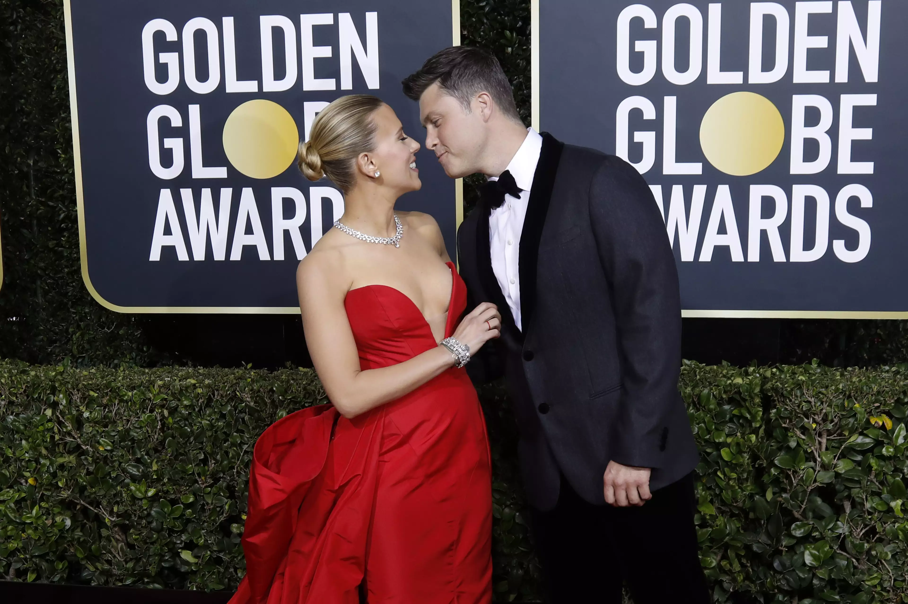 Scarlett Johansson and Colin Jost at the Golden Globes in 2021. (