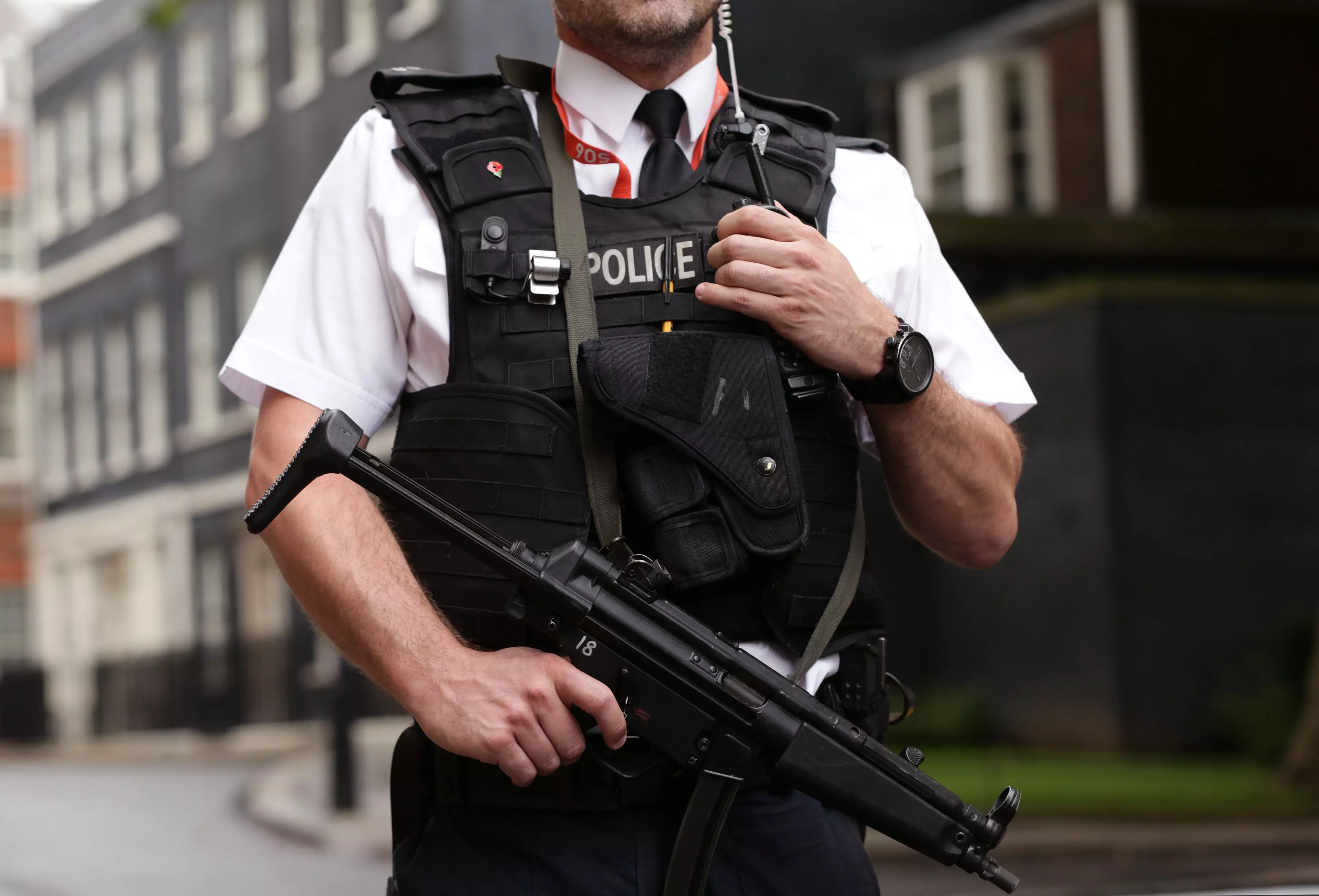 UK police officer standing guard in London