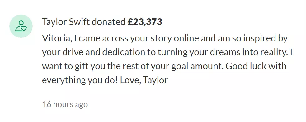 Taylor left this note on Vitoria's GoFundMe page (