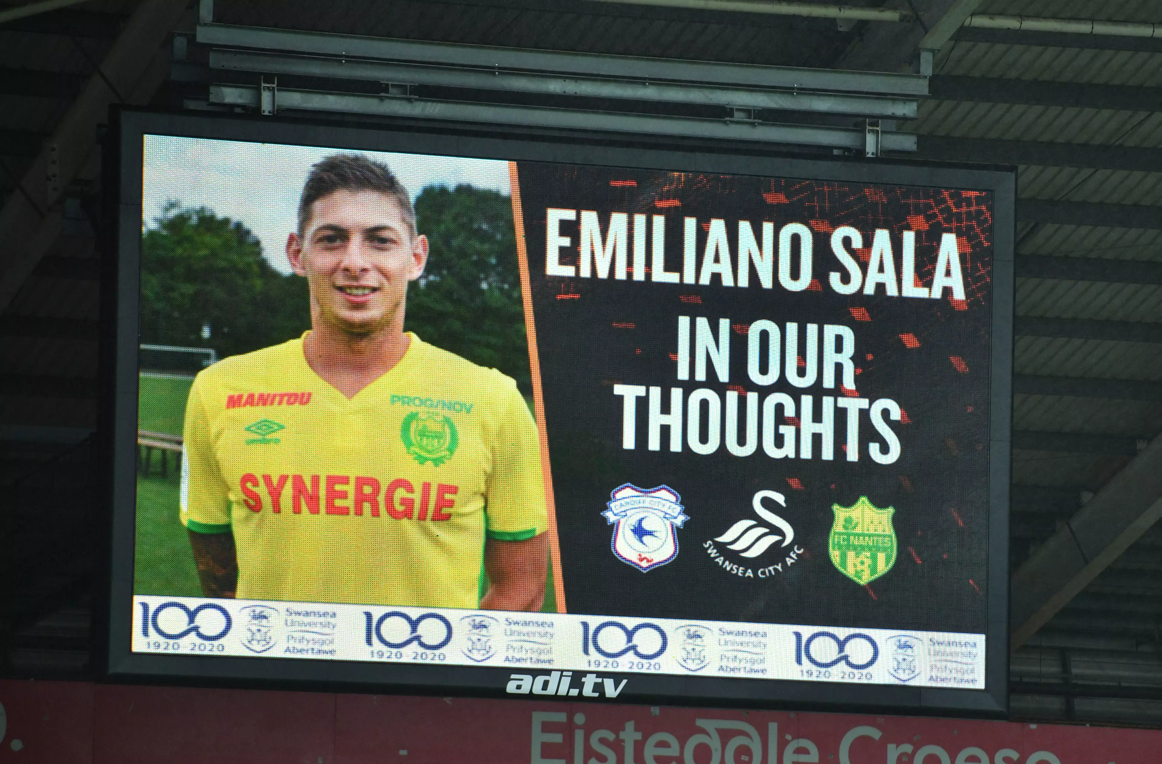 A tribute to Cardiff City striker Emiliano Sala shown on the big screen during the FA Cup fourth round match at the Liberty Stadium.
