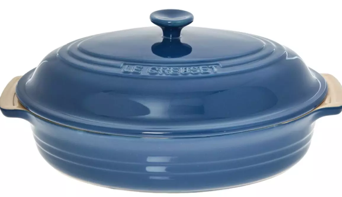 The navy blue Le Creuset stoneware oven dish (
