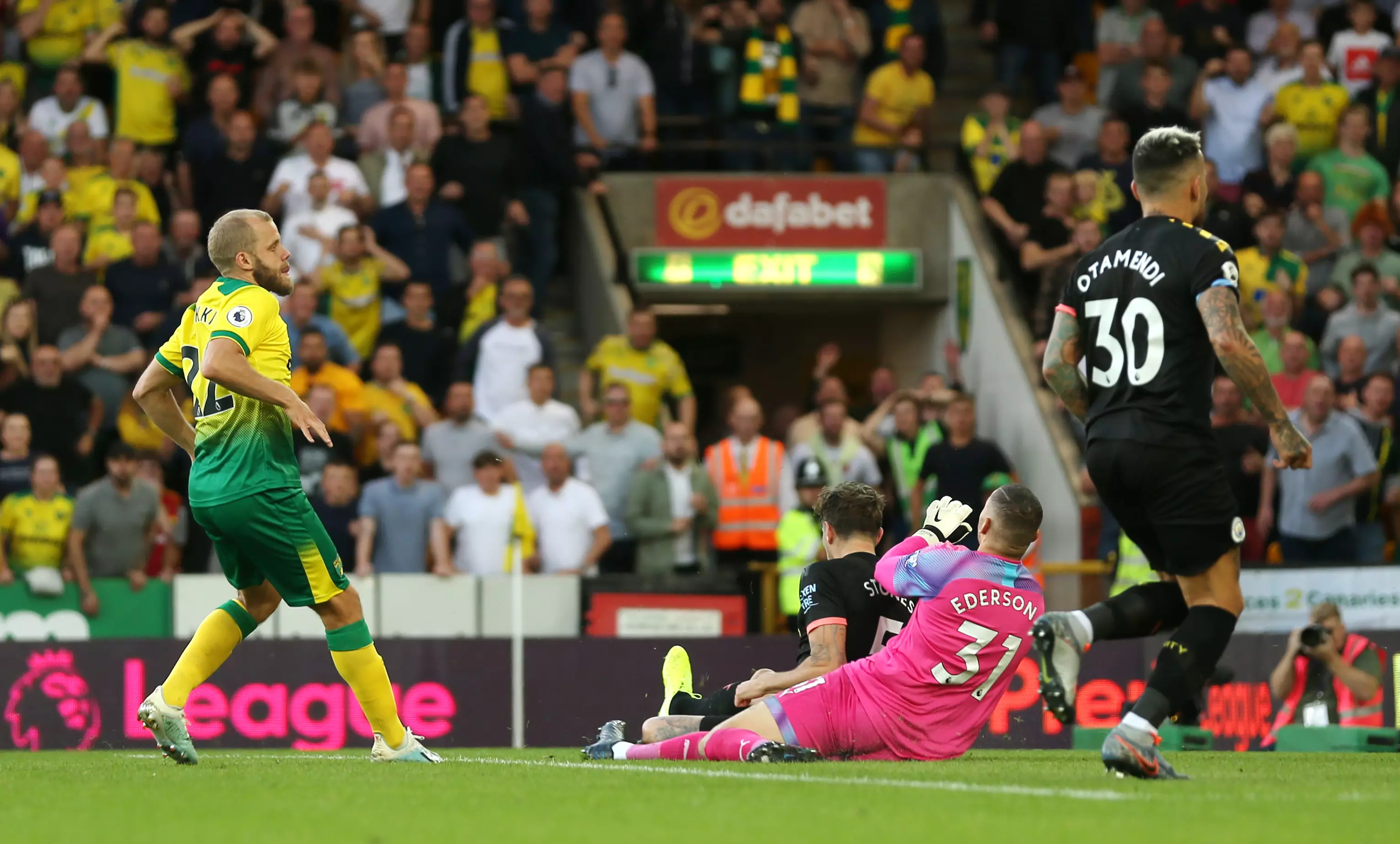 Teemu Pukki scores Norwich's third goal in their victory over Man City at Carrow Road