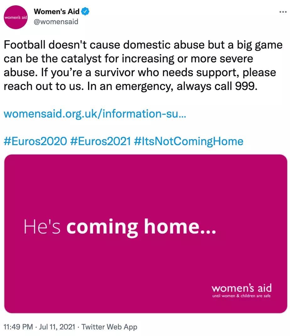 Women's Aid shared a Tweet linking victims to their support pages after England's loss (