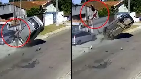 Car Thief Somersaults Through Air As He's Ejected When Driver Loses Control