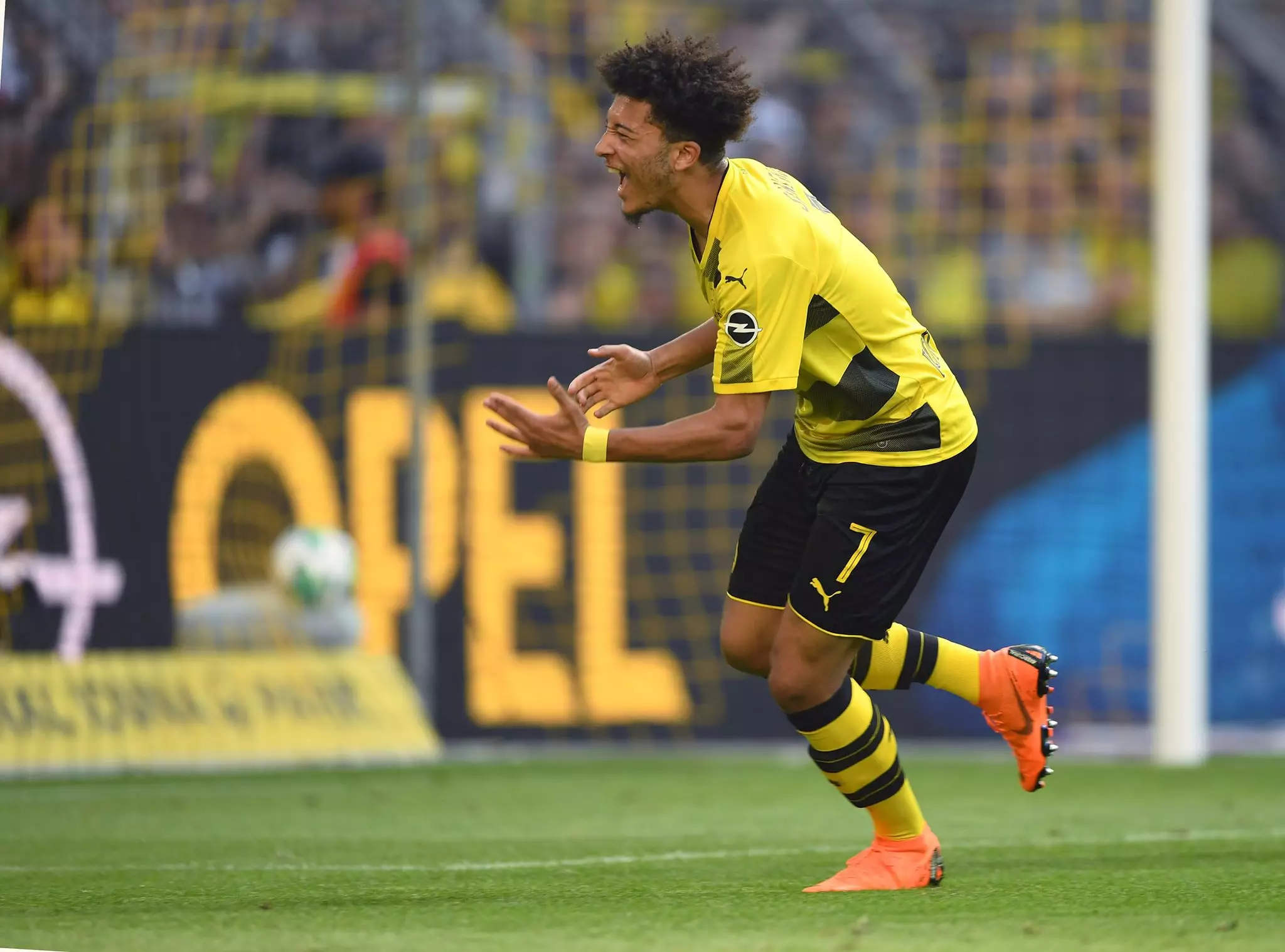 Sancho celebrates scoring a goal for Dortmund. Image: PA