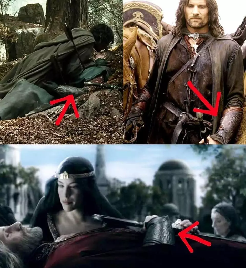 Aragorn wearing Boromir's bracers after his death /