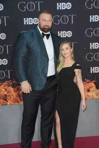 Hafþór Júlíus Björnsson and Kelsey Henson at the premiere of Game of Thrones.