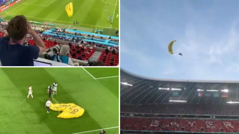 Fan Parachutes Into Allianz Arena And Nearly Crashes Into Crowd In Frightening Footage