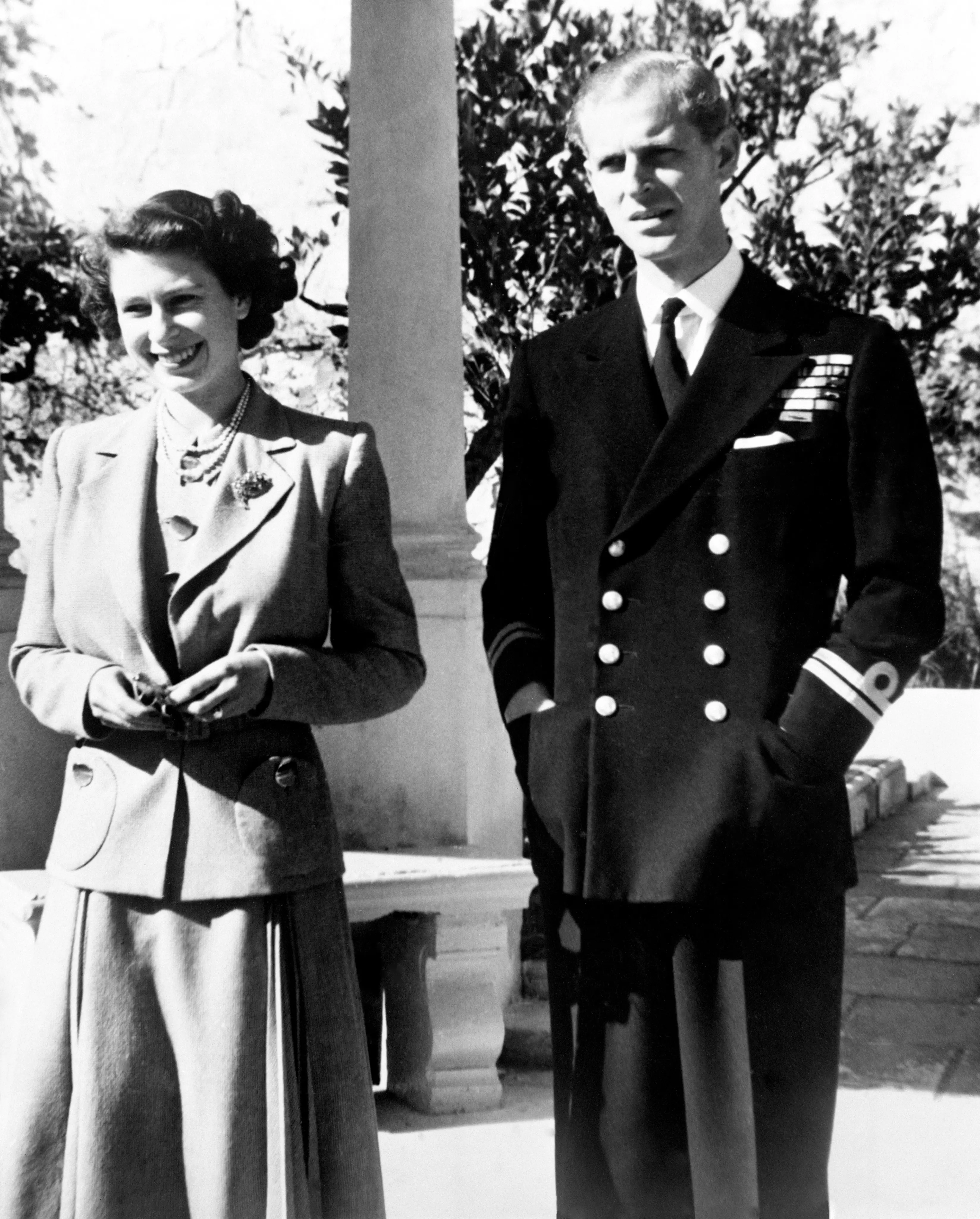 The Queen and Duke of Edinburgh in the garden of the Villa Guardamangia in 1949.