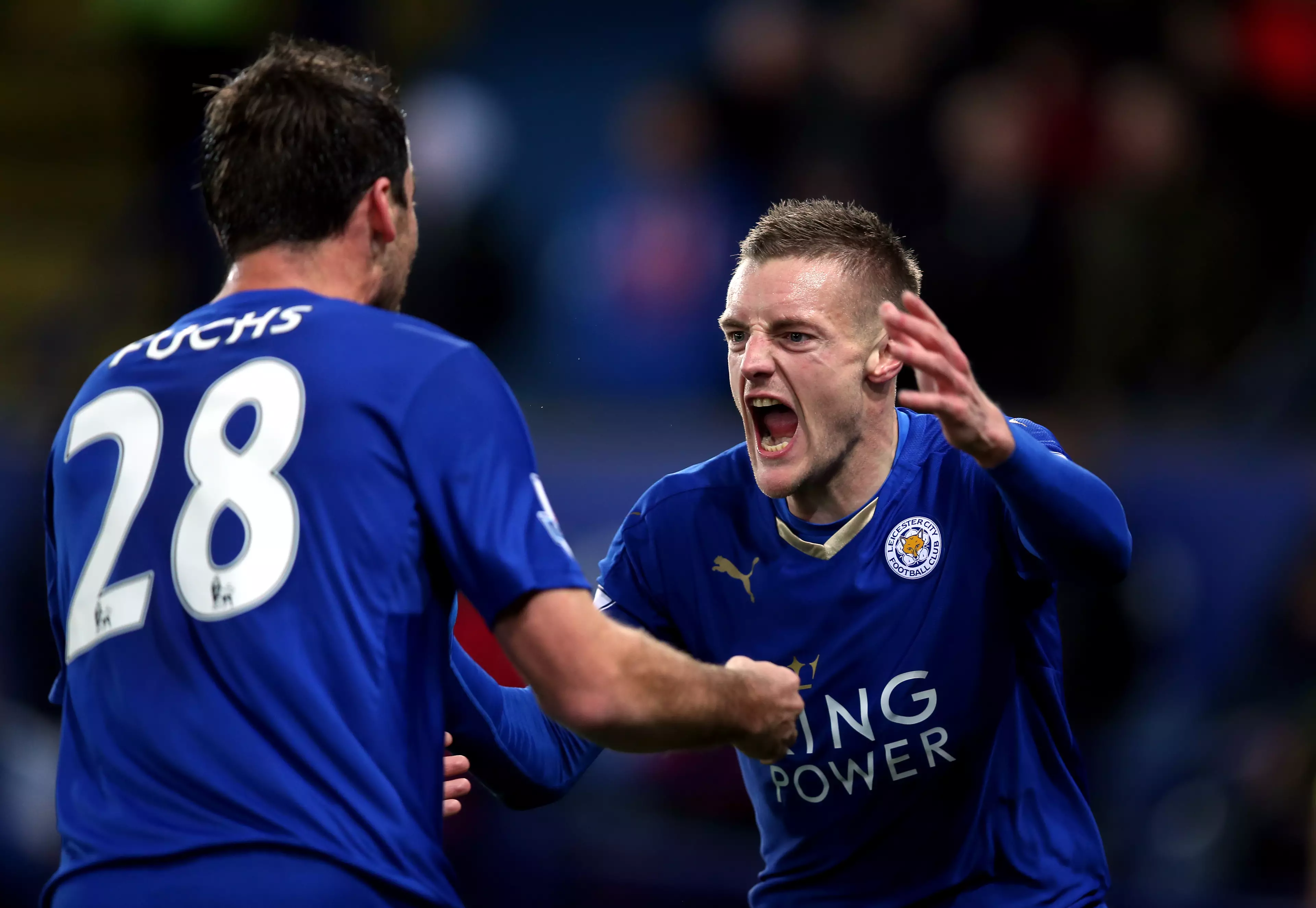 Vardy celebrates breaking Van Nistelrooy's record at Manchester United. Part of an incredible decade of moving from non league to Premier League champion. Image: PA Images