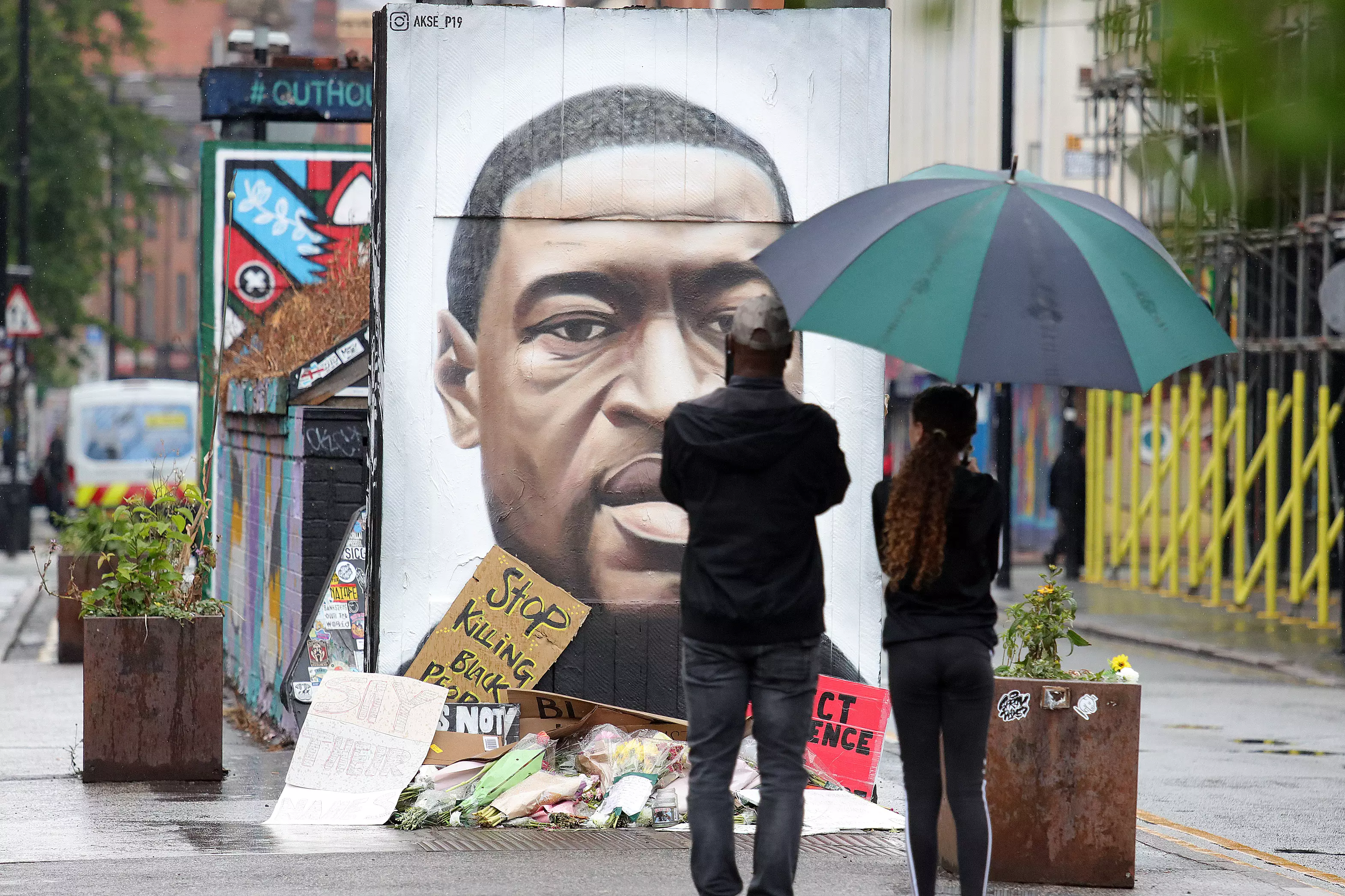 A portrait of George Floyd in Manchester. His death has ignited anti-racism protests all over the world (