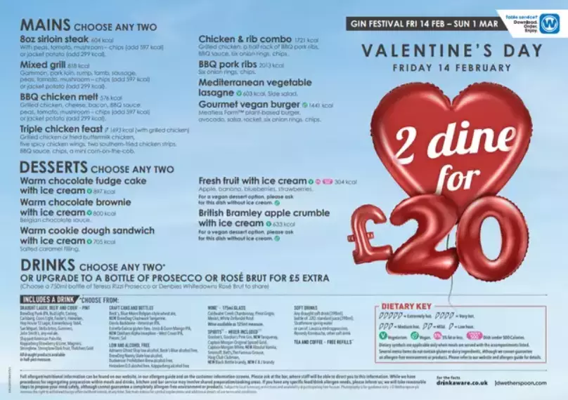 The Valentine's Day £20 Meal Deal at Wetherspoon pubs.