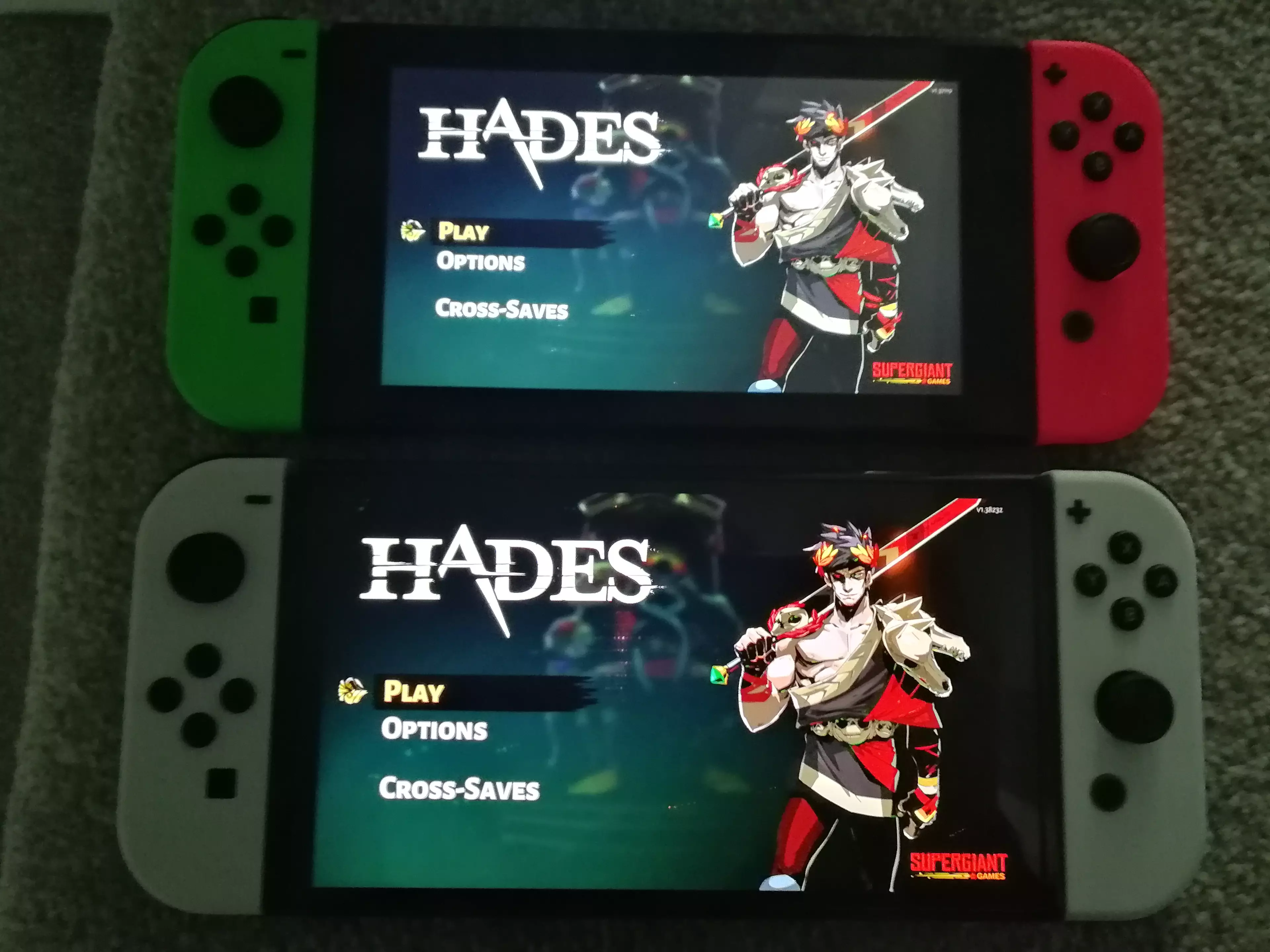 Hades title screen compared, with the OLED Model at the bottom /