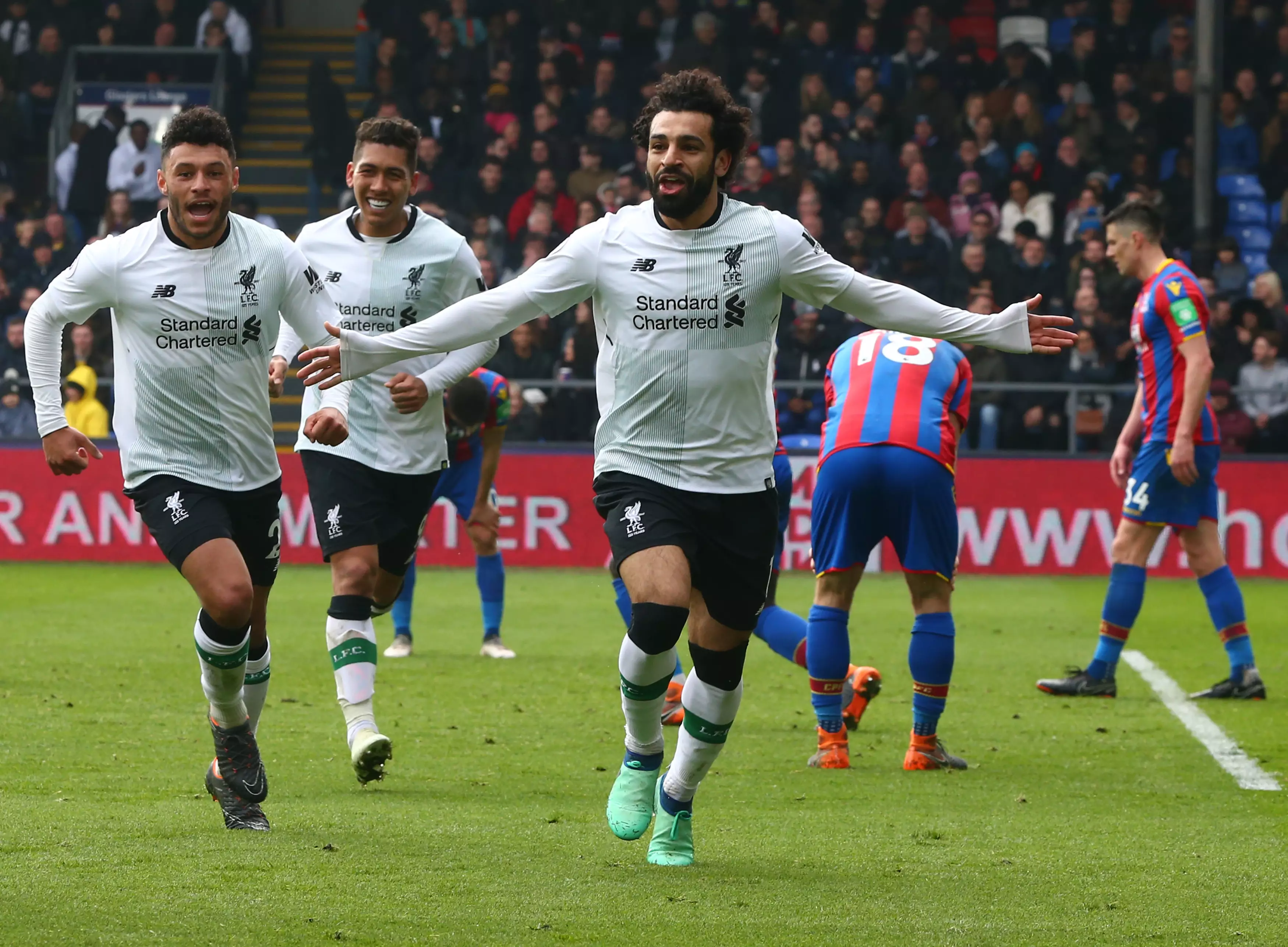 Salah celebrates scoring a goal in the Premier League. Image: PA