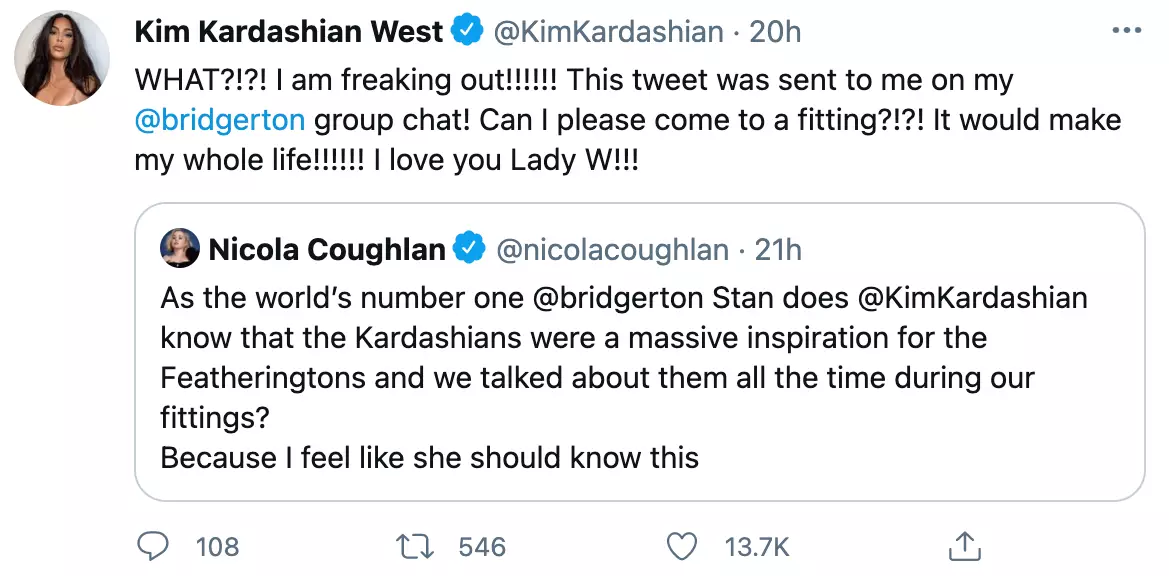 Kim Kardashian discovered that she inspired the Featherington sisters after Nicola's tweet was posted in her Bridgerton group chat (