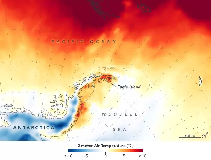 Heat map across the Antarctic Peninsula on February 9 - darkest red areas are where the model shows temperatures surpassing 10°C.