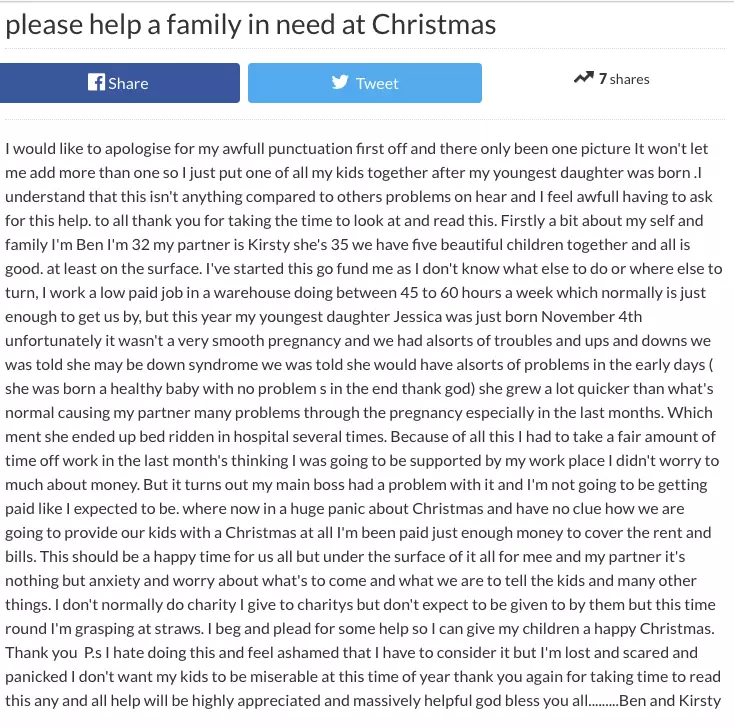 The dad-of-five set up a GoFundMe campaign to get his family through the Christmas period.