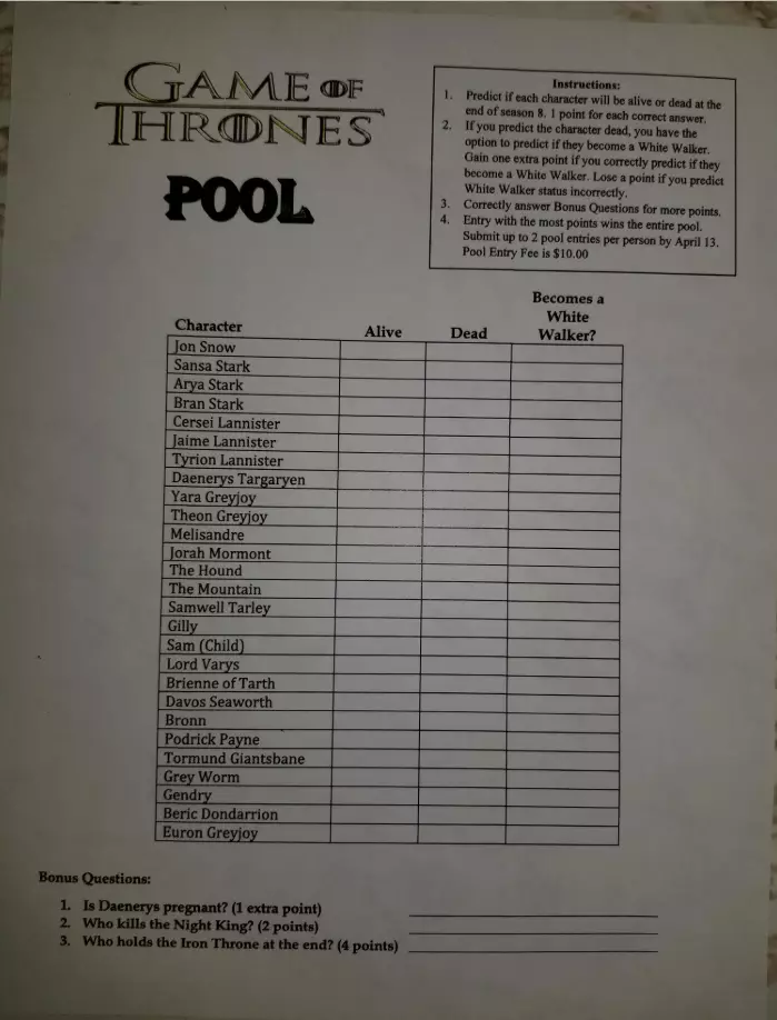 Game of Thrones pool.