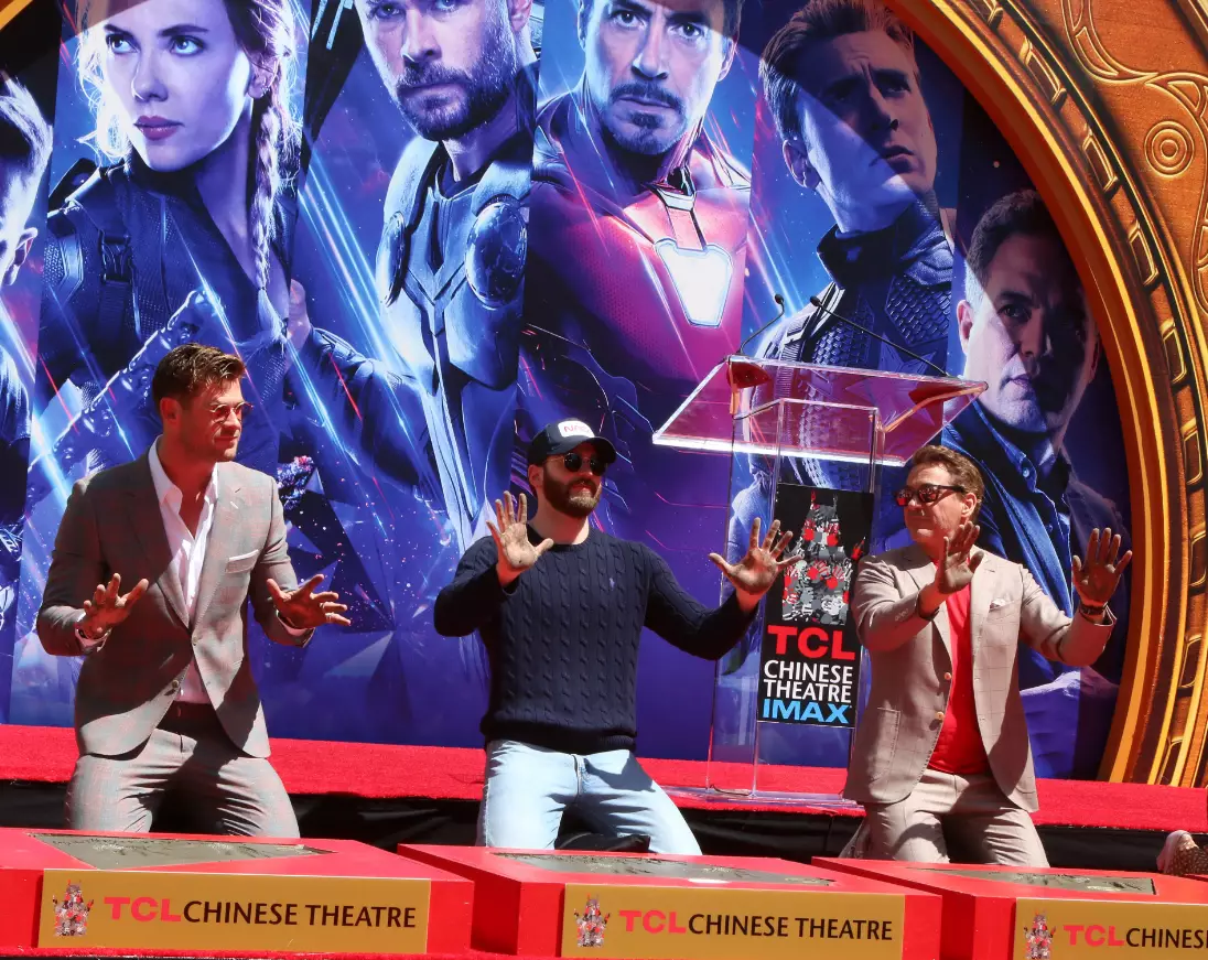 Chris Hemsworth, Chris Evans and Robert Downey Jr at the Avengers Cast Members Handprint Ceremony in April 2019.