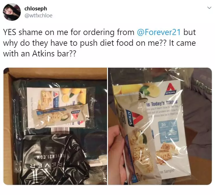 Forever 21 has been slammed by customers after including Atkin's bars with orders.