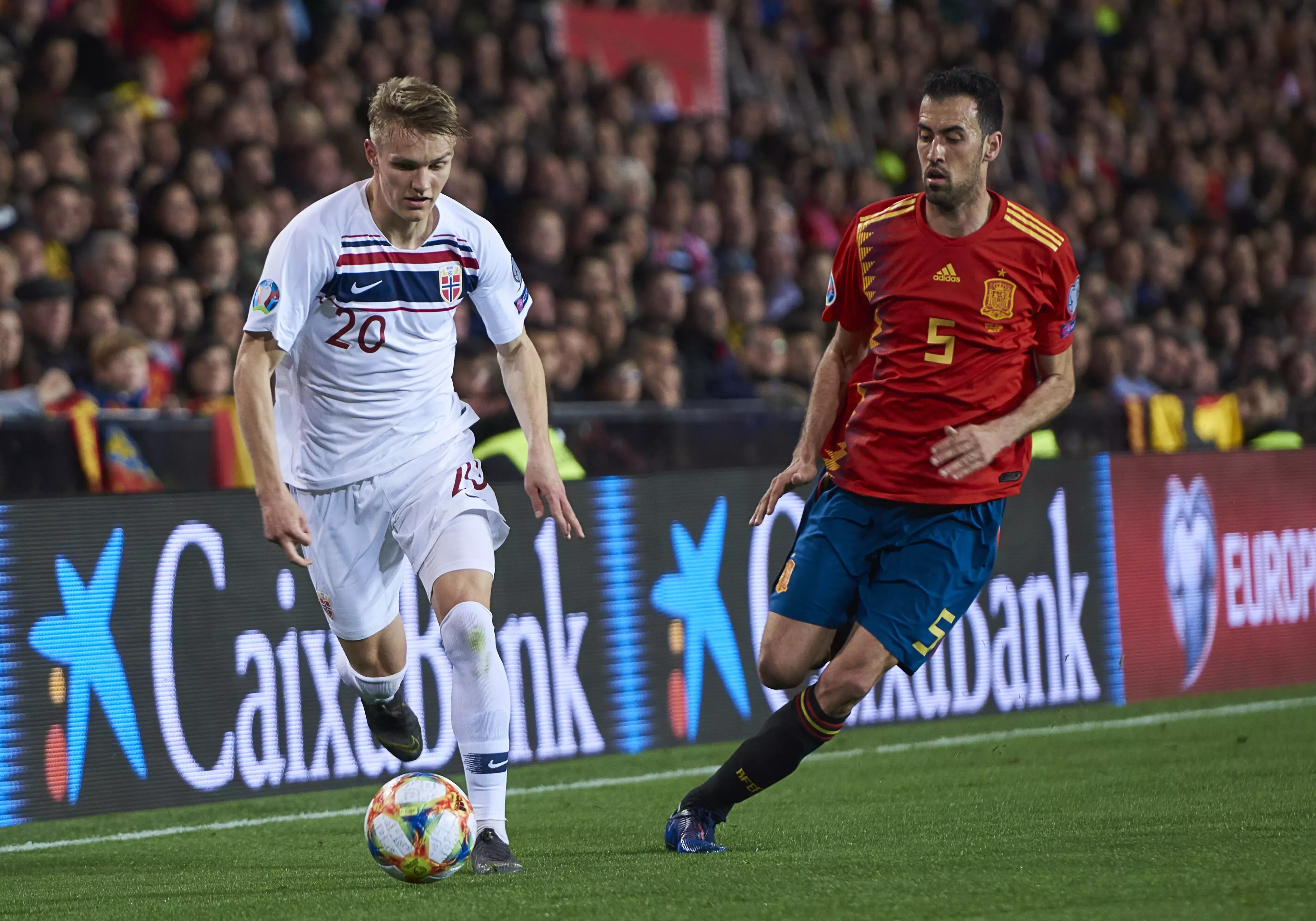Odegaard playing for Norway against Spain in March. Image: PA Images