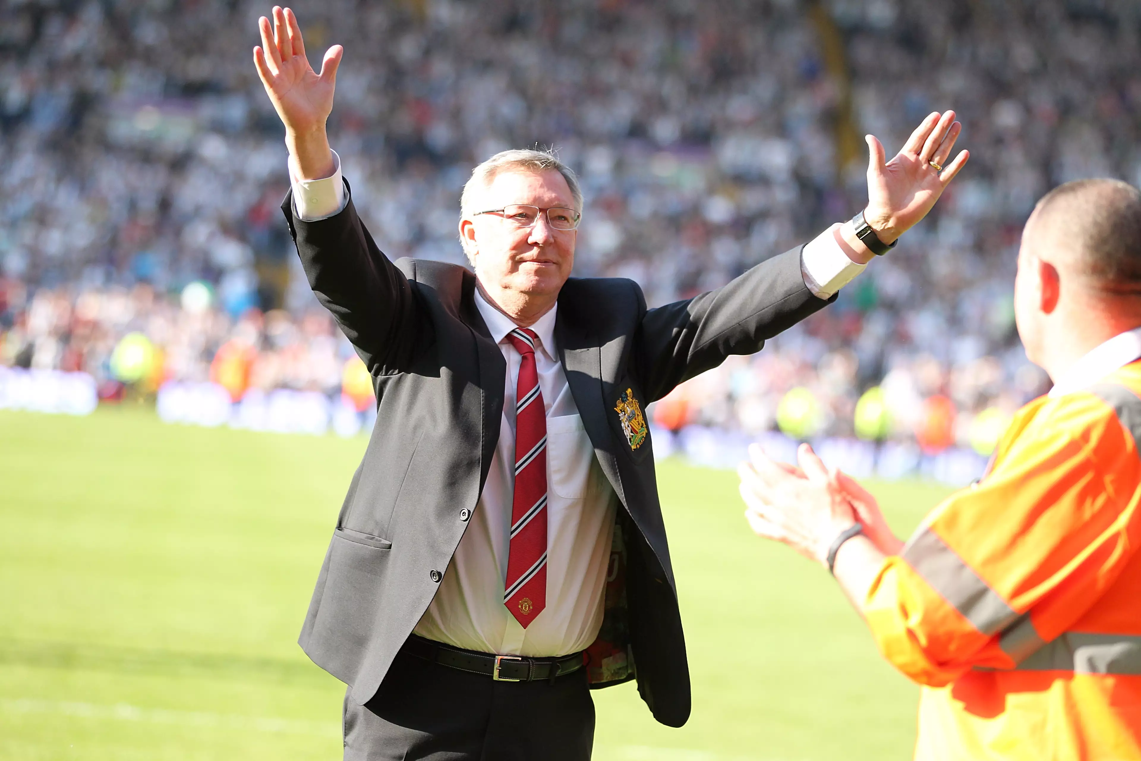 Fergie waves goodbye after his final game in charge. Image: PA Images