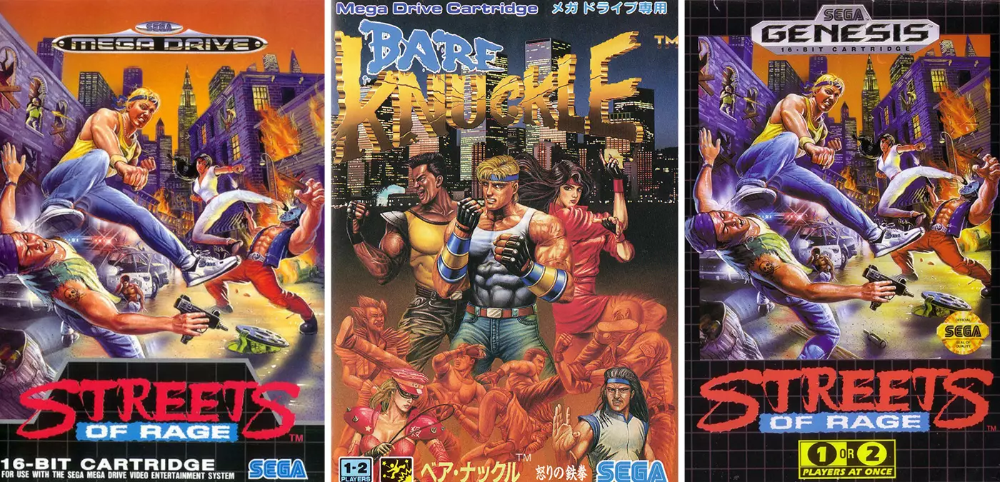 Streets of Rage, as it released in Europe, Japan and the US, left to right /