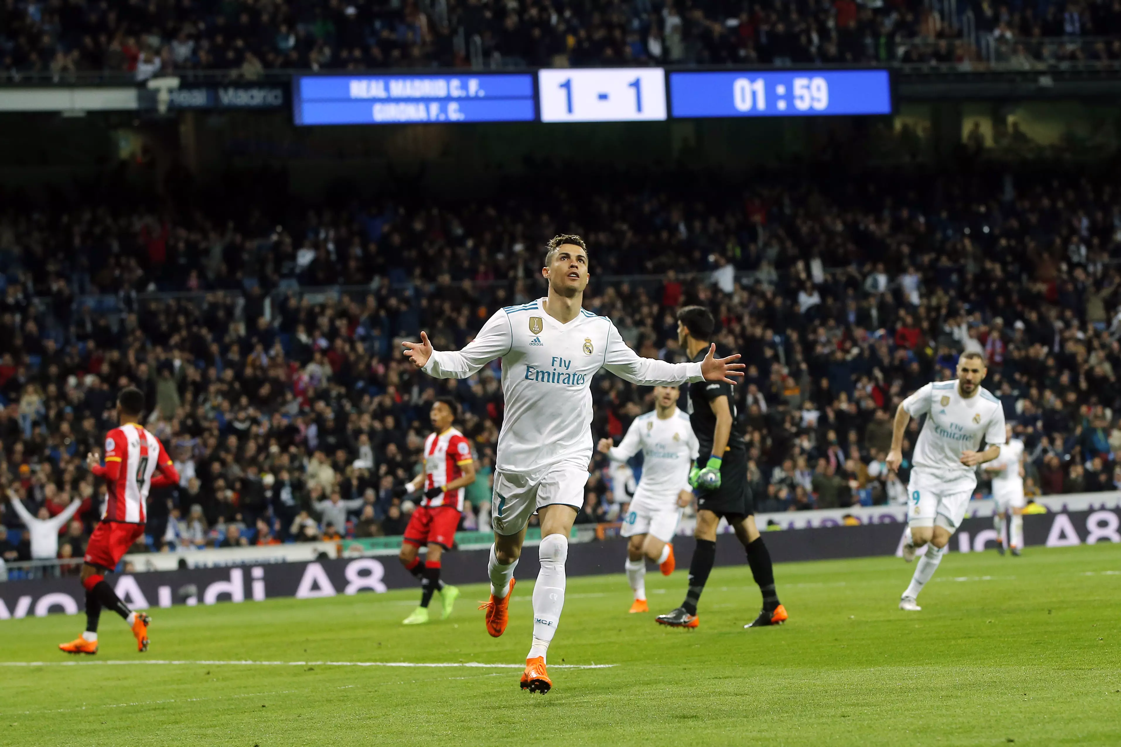 Ronaldo celebrates his second of four in a 6-3 win. Image: PA Images
