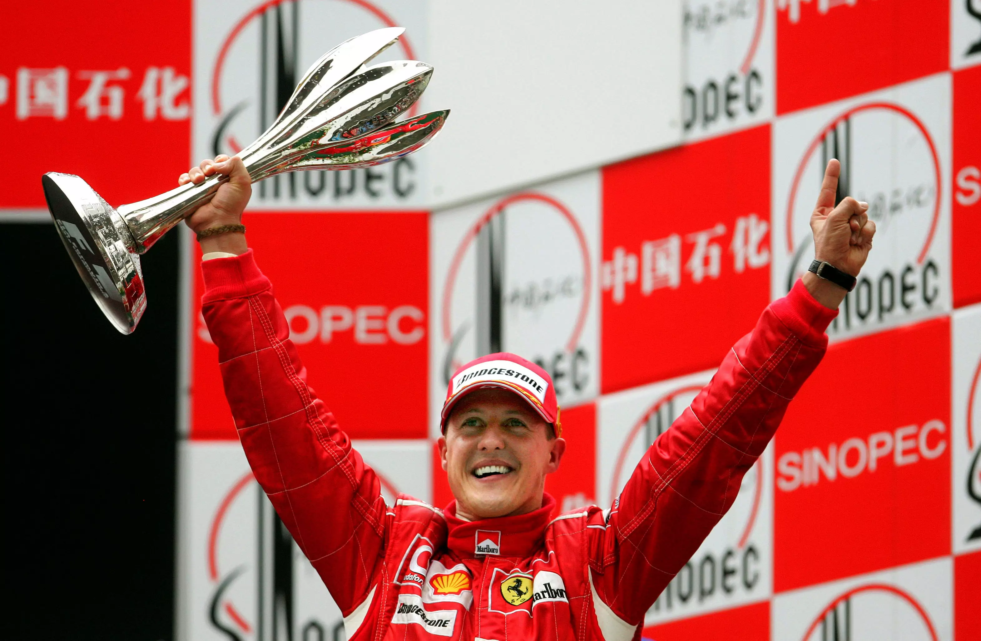Schumacher celebrates a race win in 2006. Image: PA Images