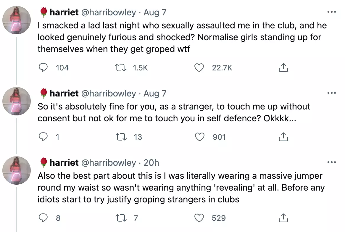 Harriet spoke of her ordeal on Twitter (