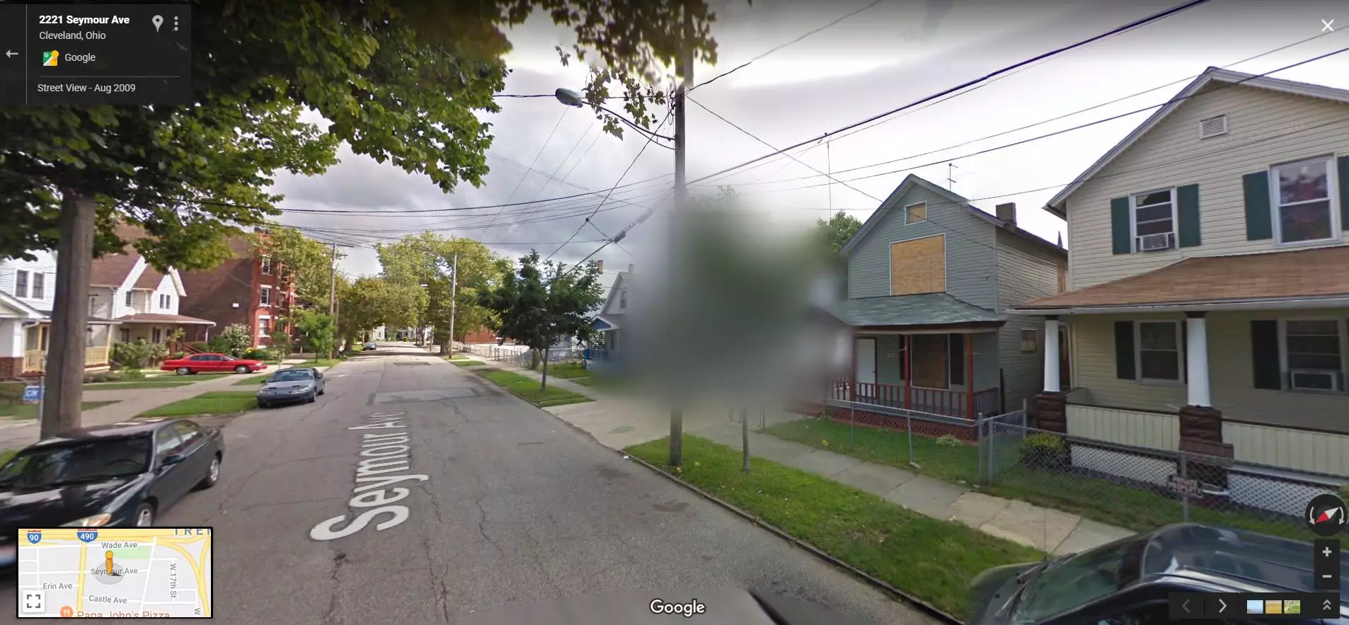 2207 Seymour Ave. has been blurred out on Google Street View.