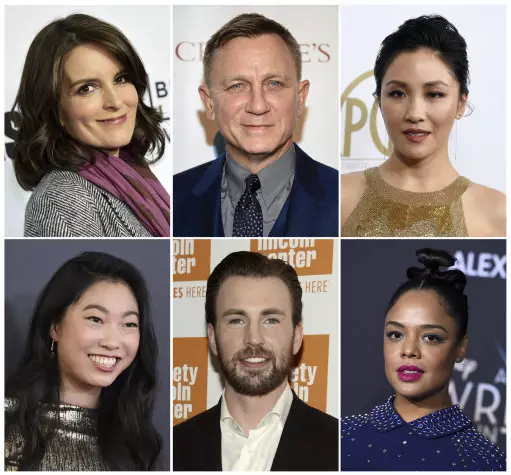 Top row (L-R) Tina Fey, Daniel Craig, Constance Wu. Bottom row (L-R) Awkwafina, Chris Evans and Tessa Thompson (