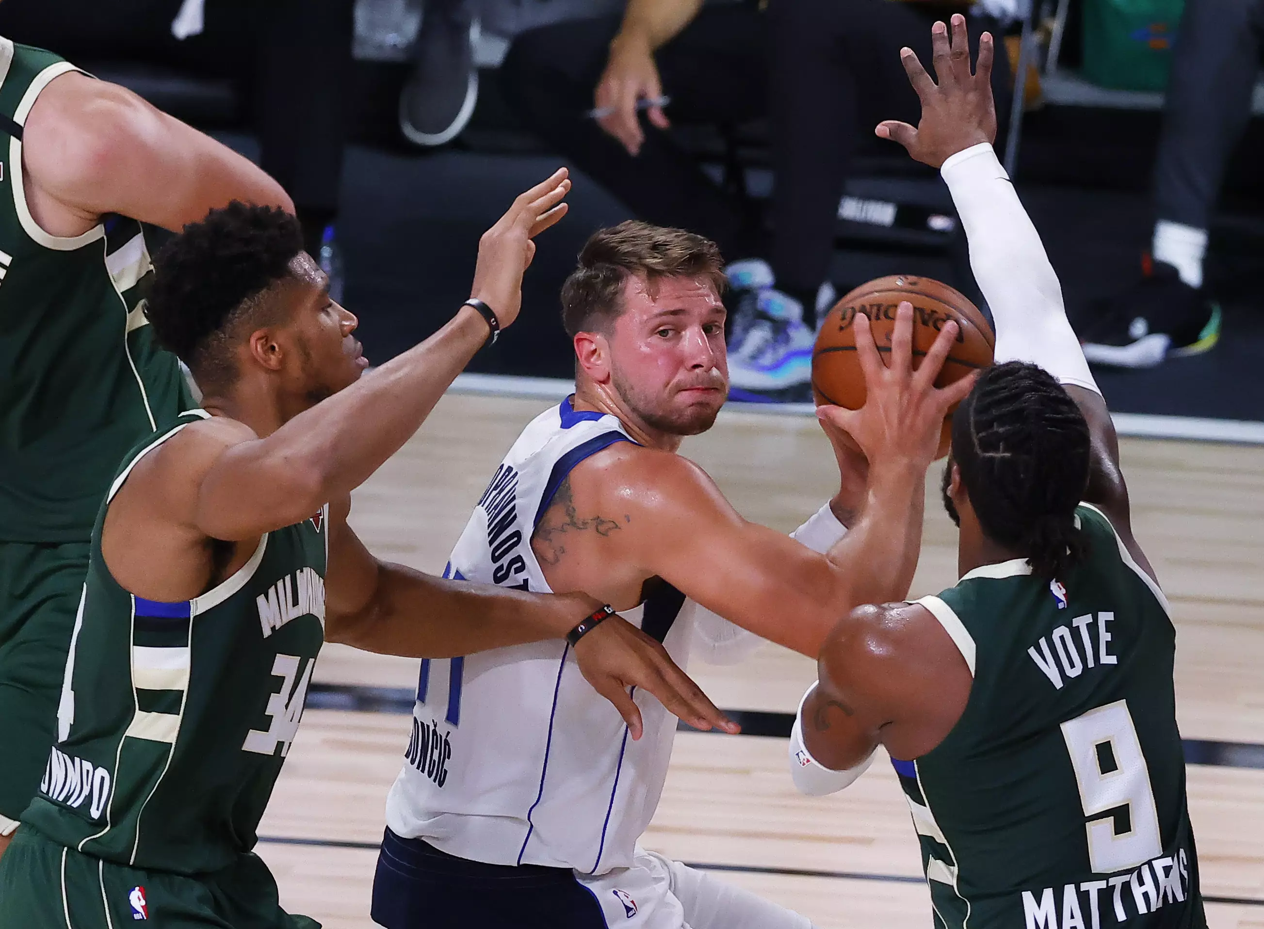 Doncic had Giannis (left) in his pocket all game.