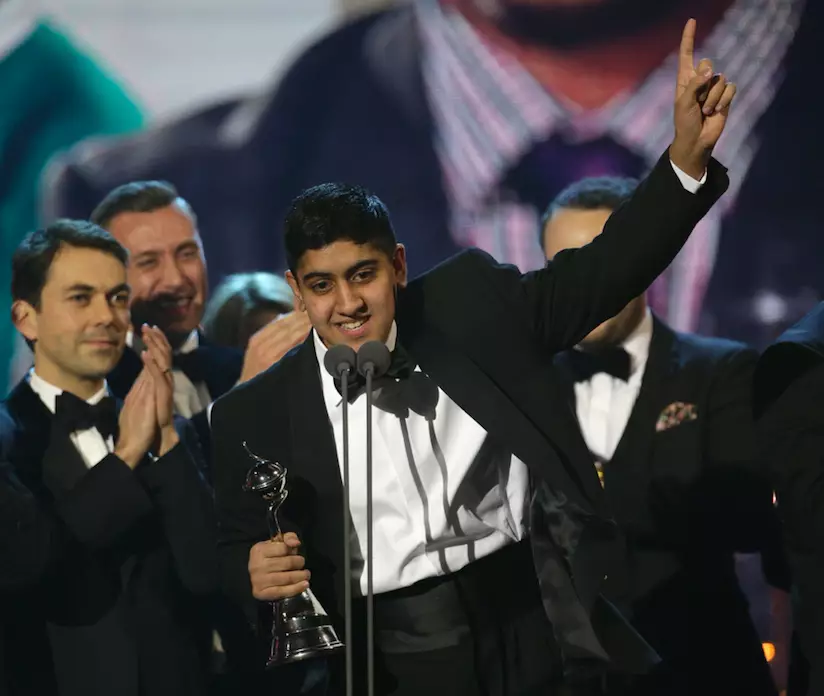 Mushy accepting the award for Best Documentary at the 2014 National Television Awards (