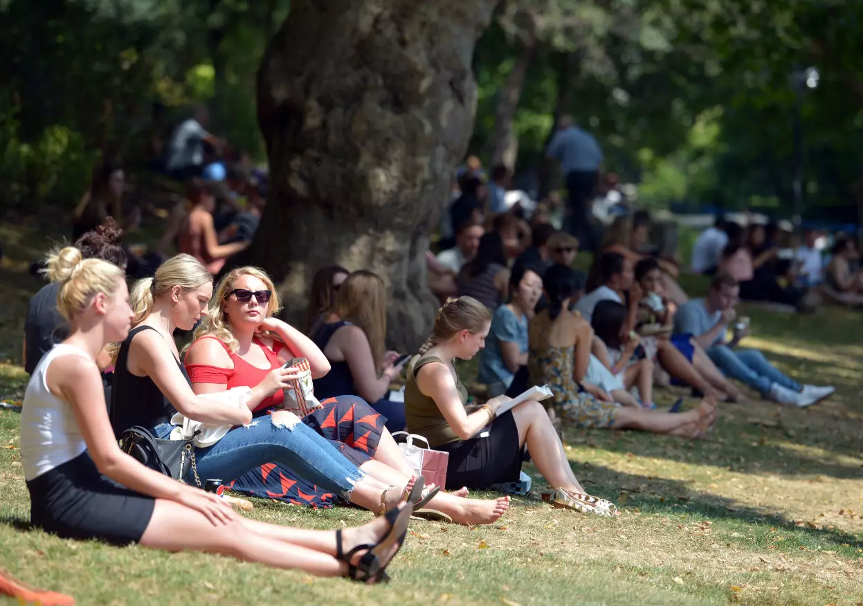 People seeking shade in the Victoria Embankment Gardens in London.