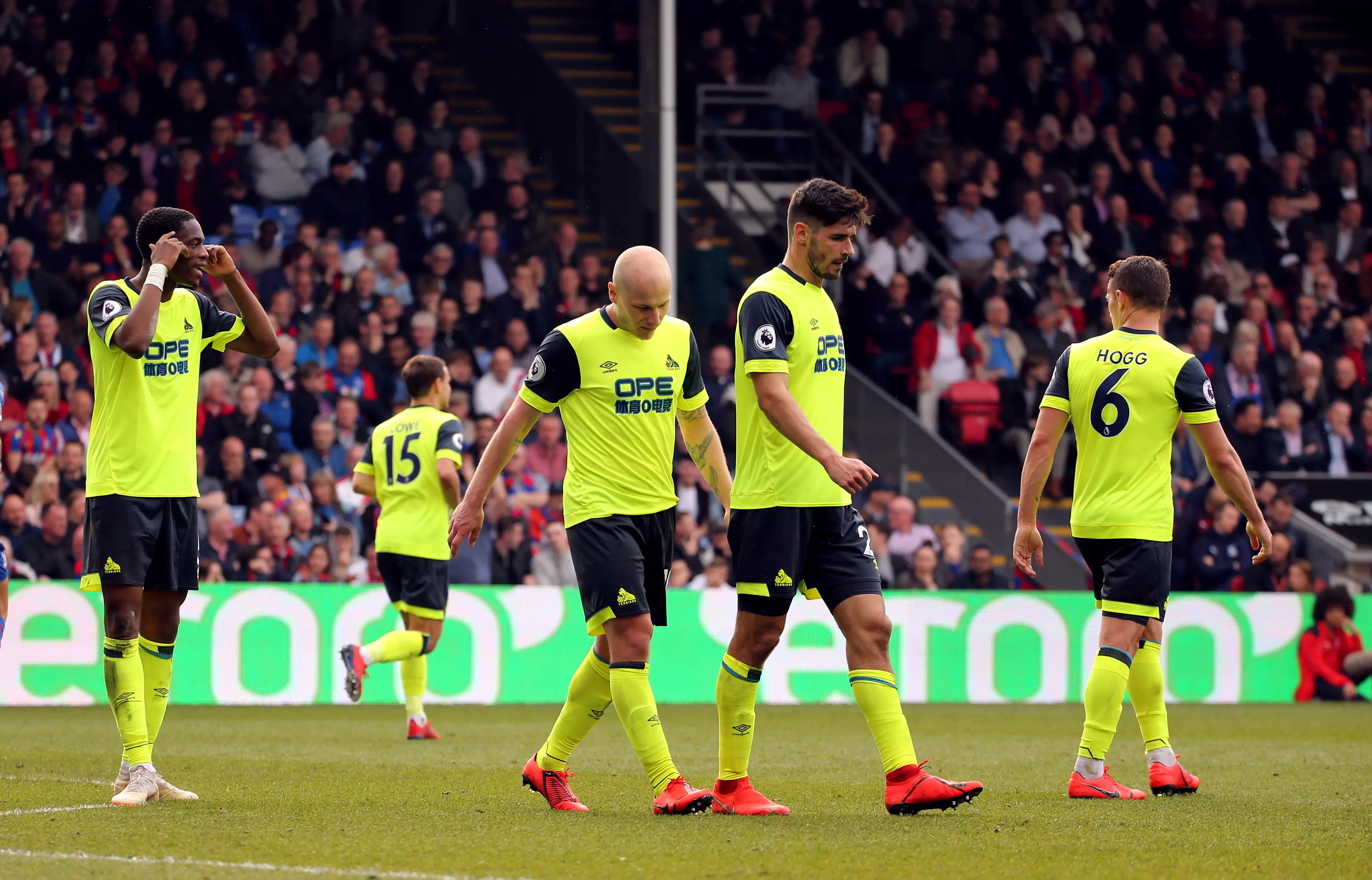 Huddersfield Town players after their loss to Crystal Palace saw them go down. Image: PA Images