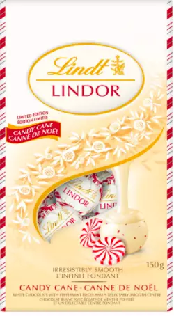 The new Lindt features white chocolate with peppermint pieces (