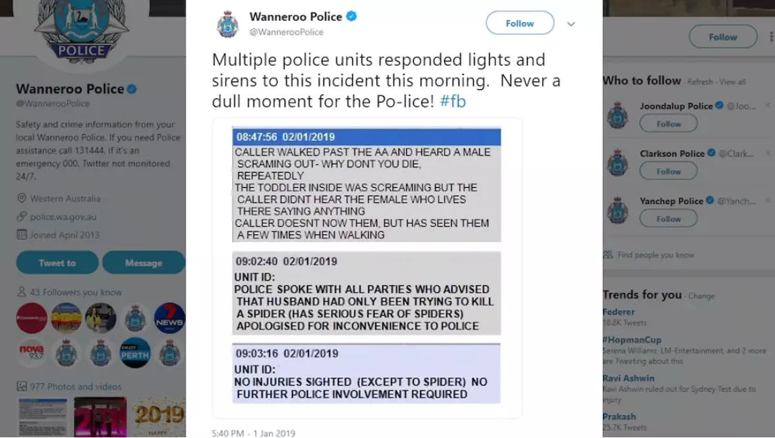 Wanneroo Police department's deleted tweet.