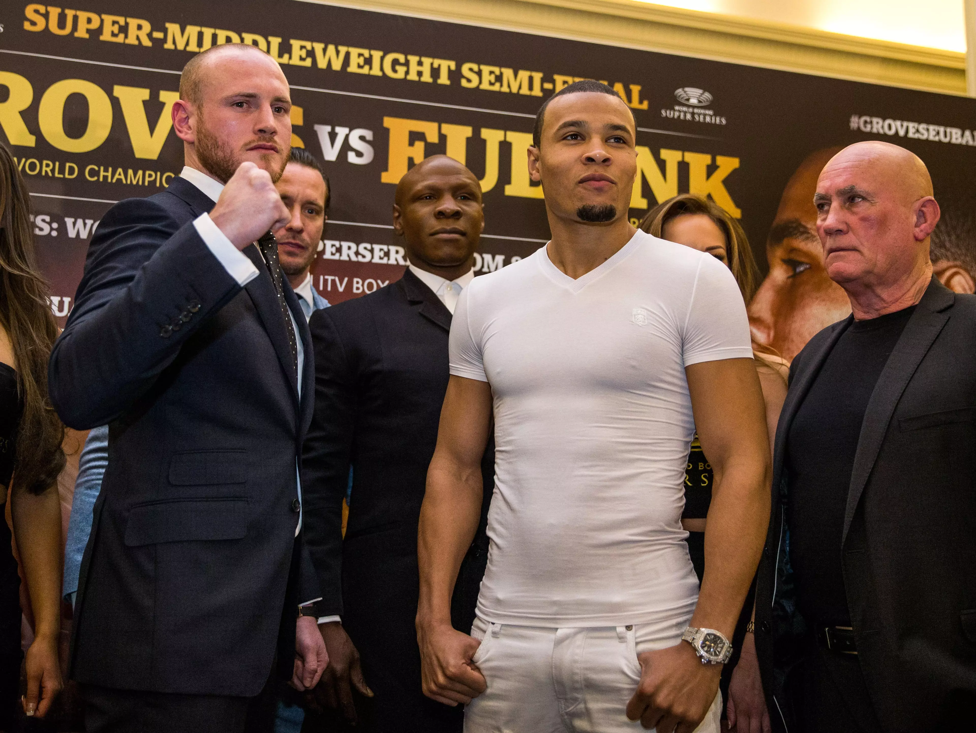 Groves and Eubank Jr during the head to head after the presser. Image: PA