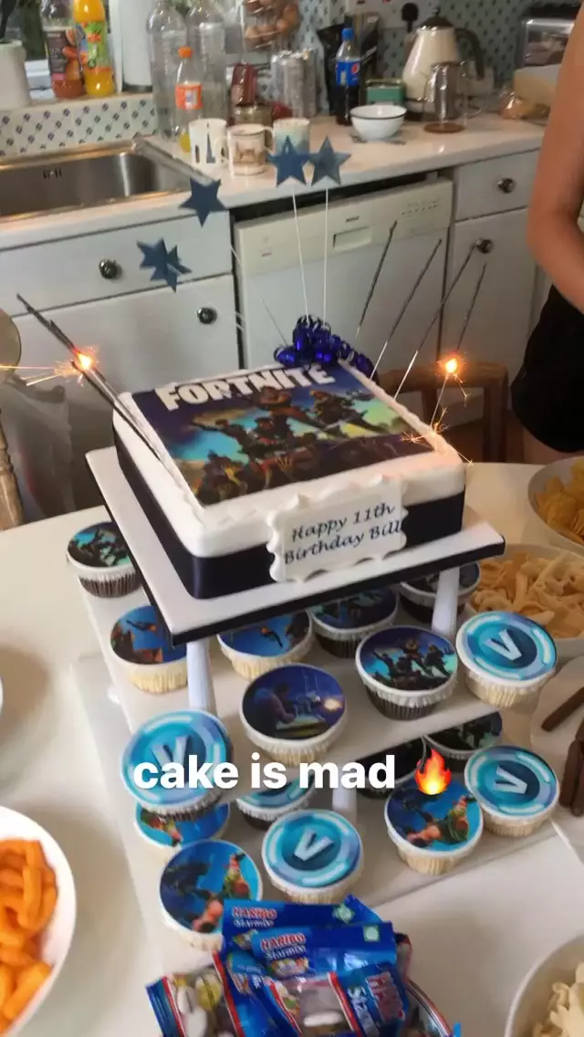 There was a Fortnite-themed cake with tiers of sponge and blue-and-white cupcakes (
